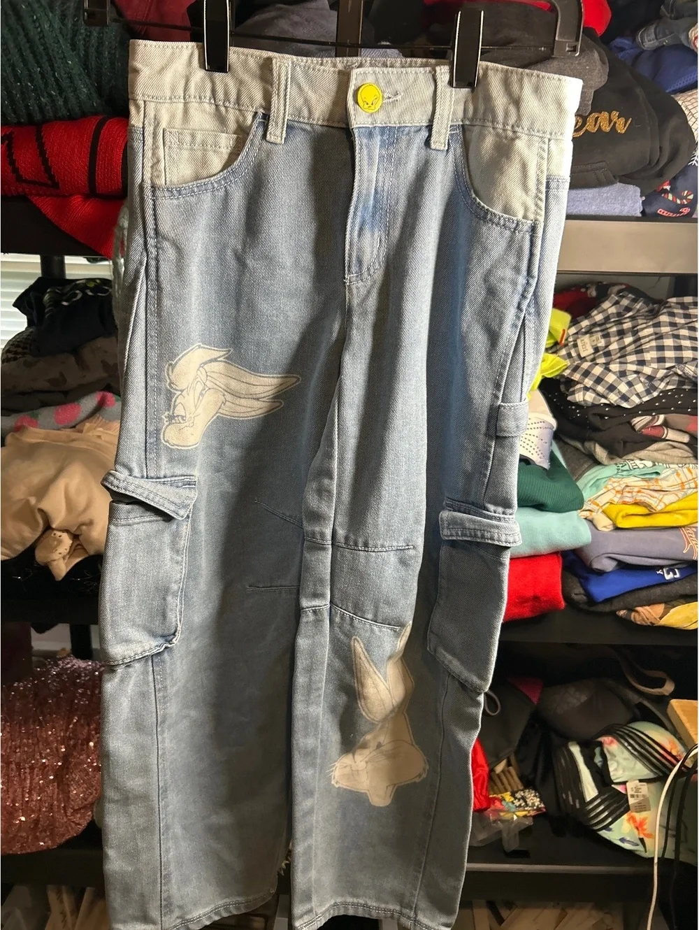 Justice Light Wash Denim Cargo Pants with Cartoon Prints